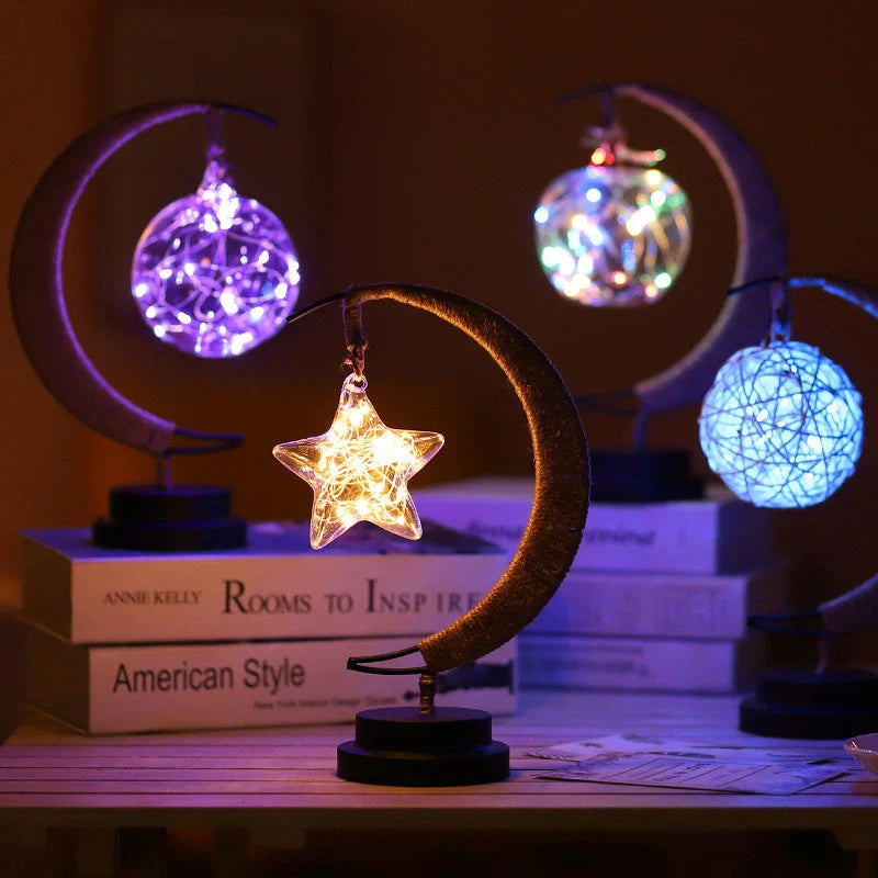 LED Moon Star Shape Copper Wire Lamp with glass pendants and USB/battery power options