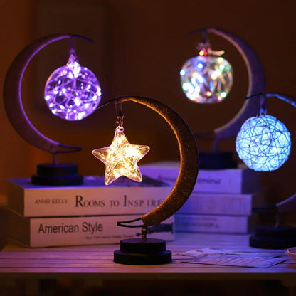 LED Moon Star Shape Copper Wire Lamp with glass pendants and USB/battery power options