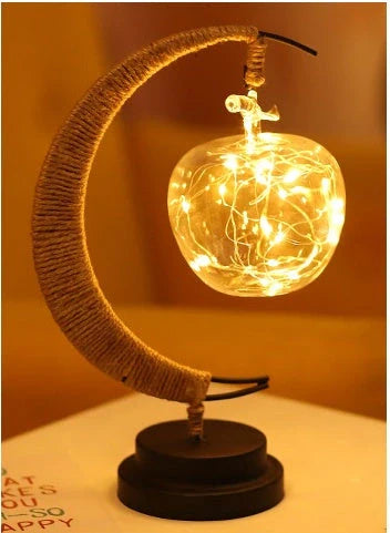 LED Moon Star Shape Copper Wire Lamp with glass pendants and USB/battery power options