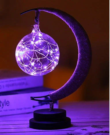 LED Moon Star Shape Copper Wire Lamp with glass pendants and USB/battery power options