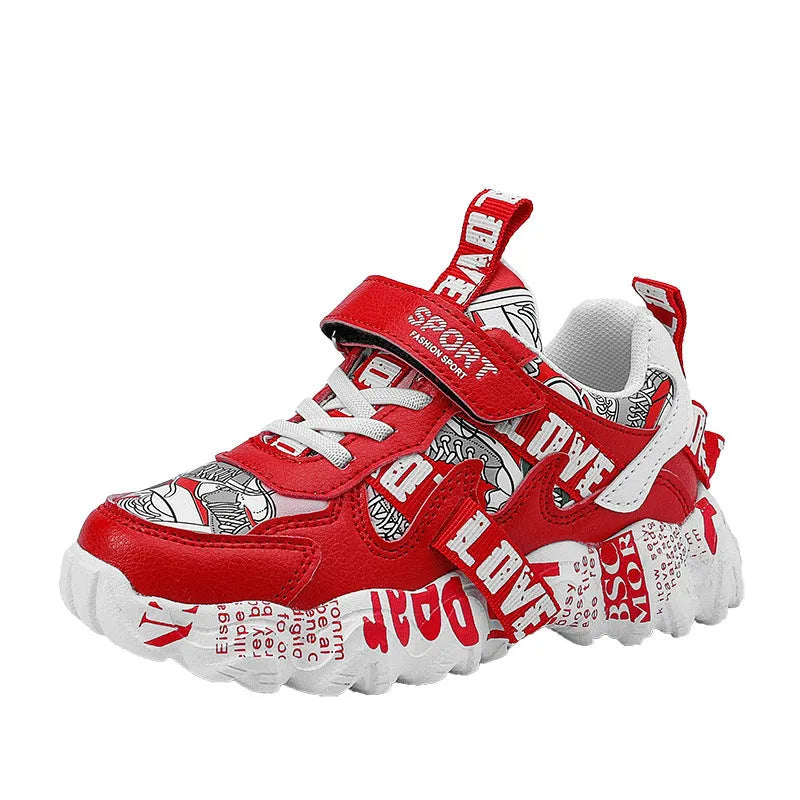 Children's spring sneakers with Velcro fastening and rubber soles in beige blue, white red, or bright red colours