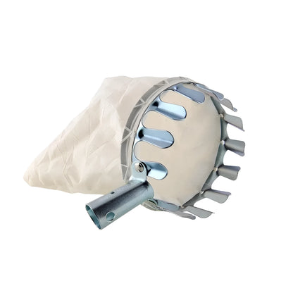 Steel frame fruit picker garden tool with a cloth bag catcher for picking citrus, pears, and peaches.