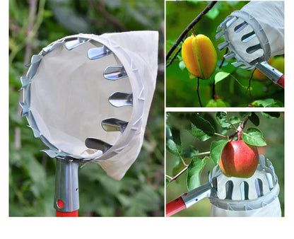 Steel frame fruit picker garden tool with a cloth bag catcher for picking citrus, pears, and peaches.