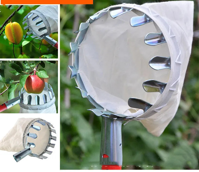 Steel frame fruit picker garden tool with a cloth bag catcher for picking citrus, pears, and peaches.