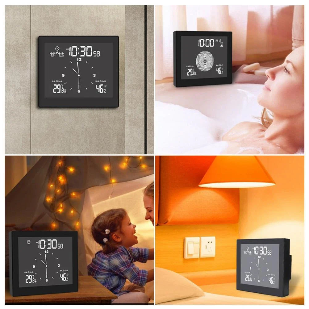 Waterproof bathroom wall clock with temperature and humidity display, modern design for bathroom decor
