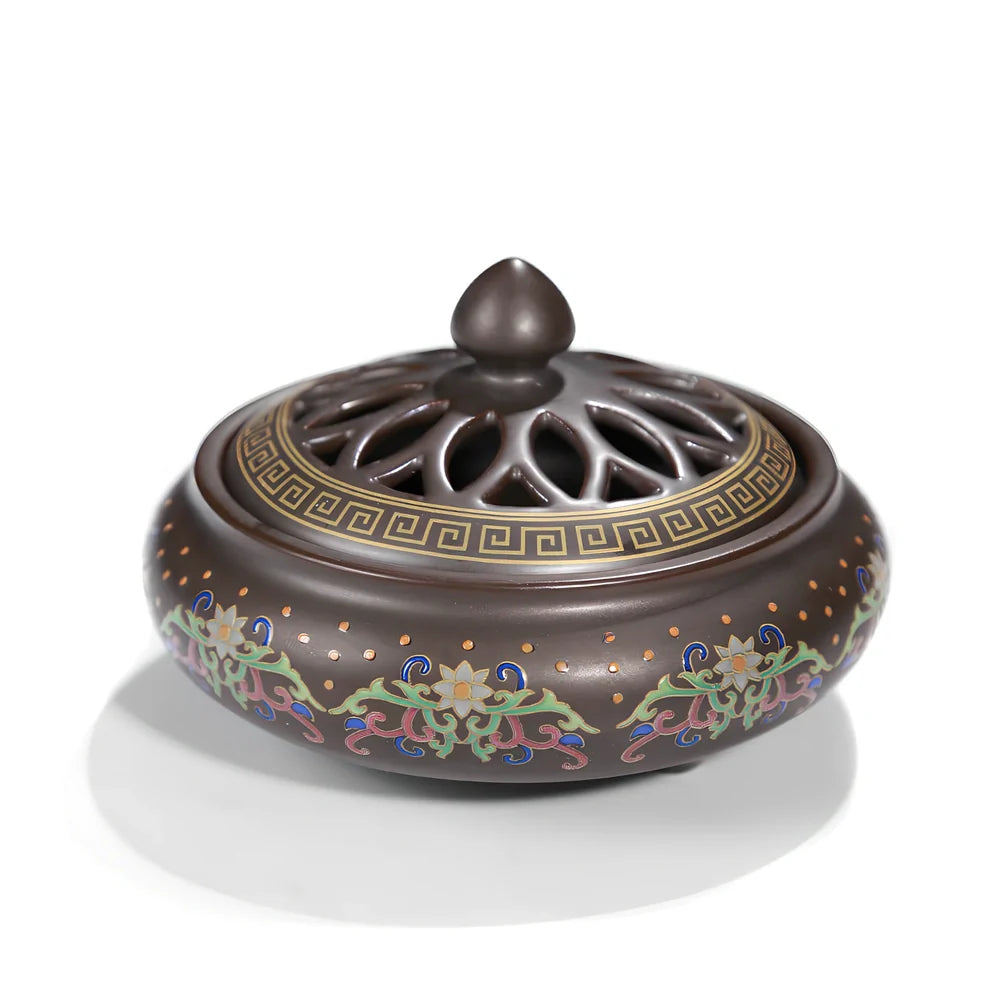 Handmade ceramic cloisonné incense burner with backward smoke channel and enamel decoration