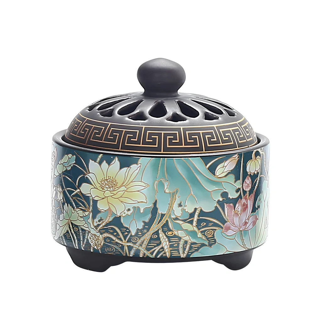 Handmade ceramic cloisonné incense burner with backward smoke channel and enamel decoration