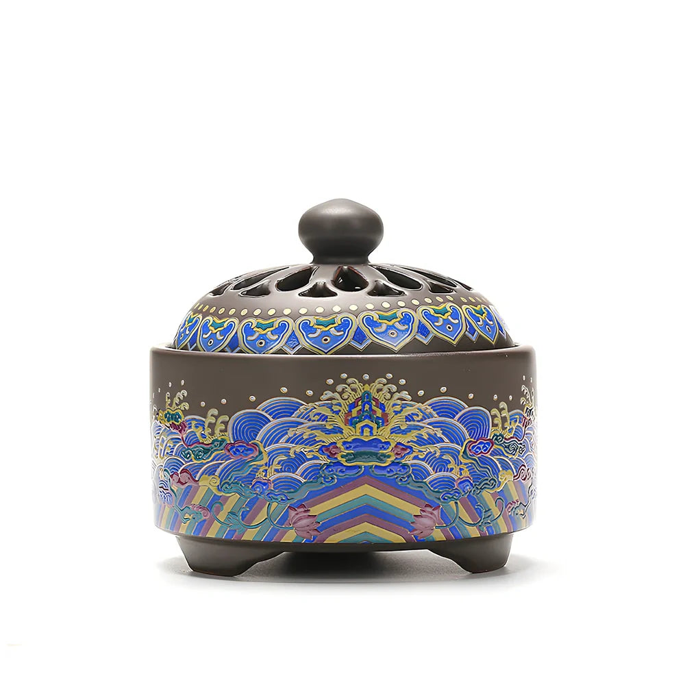 Handmade ceramic cloisonné incense burner with backward smoke channel and enamel decoration