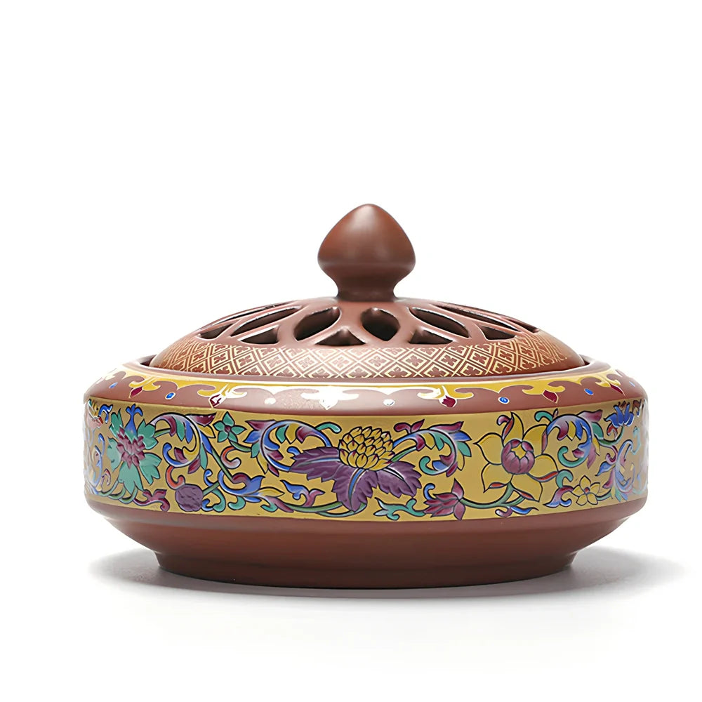 Handmade ceramic cloisonné incense burner with backward smoke channel and enamel decoration