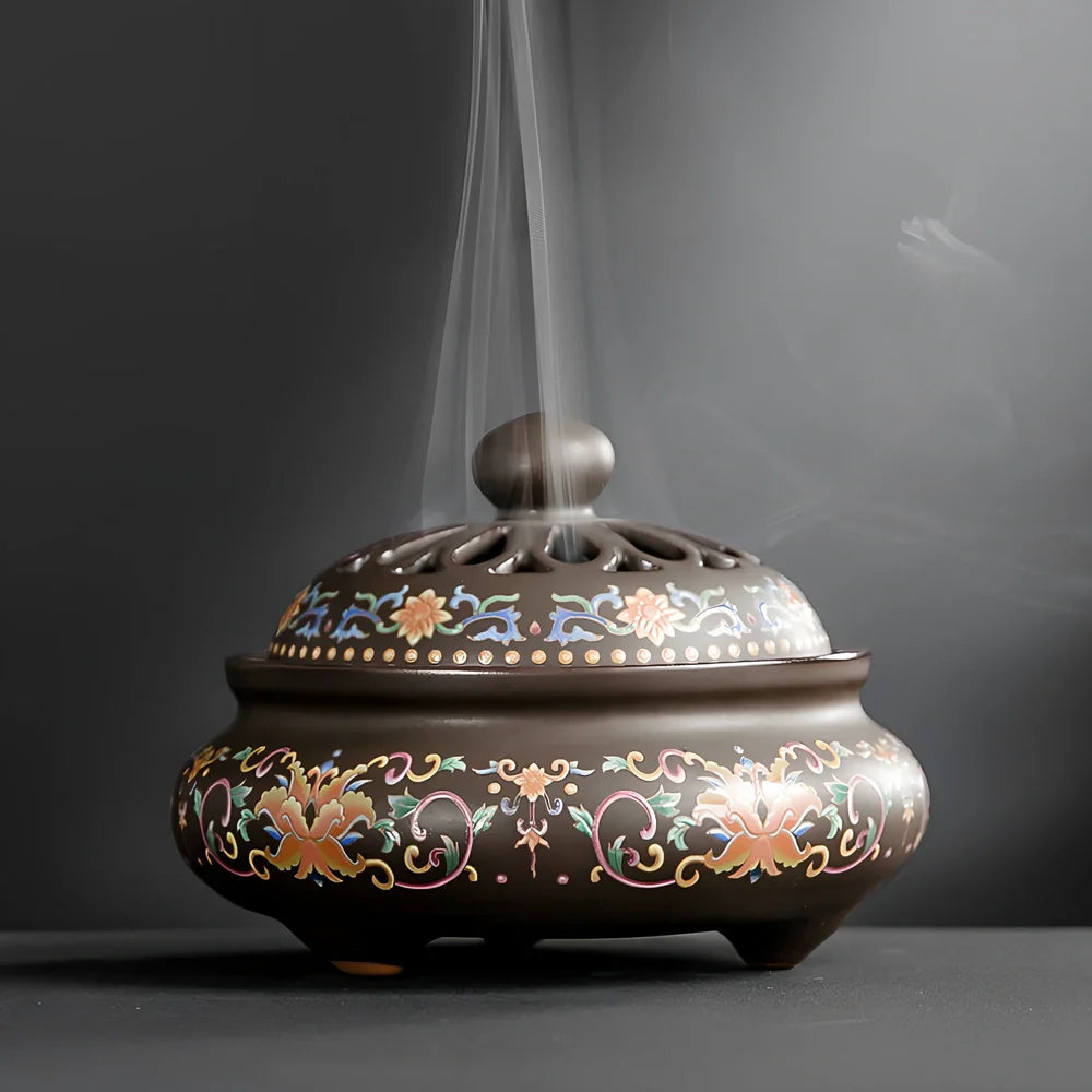 Handmade ceramic cloisonné incense burner with backward smoke channel and enamel decoration