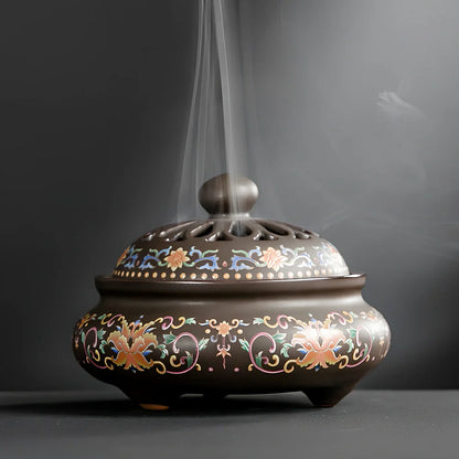 Handmade ceramic cloisonné incense burner with backward smoke channel and enamel decoration