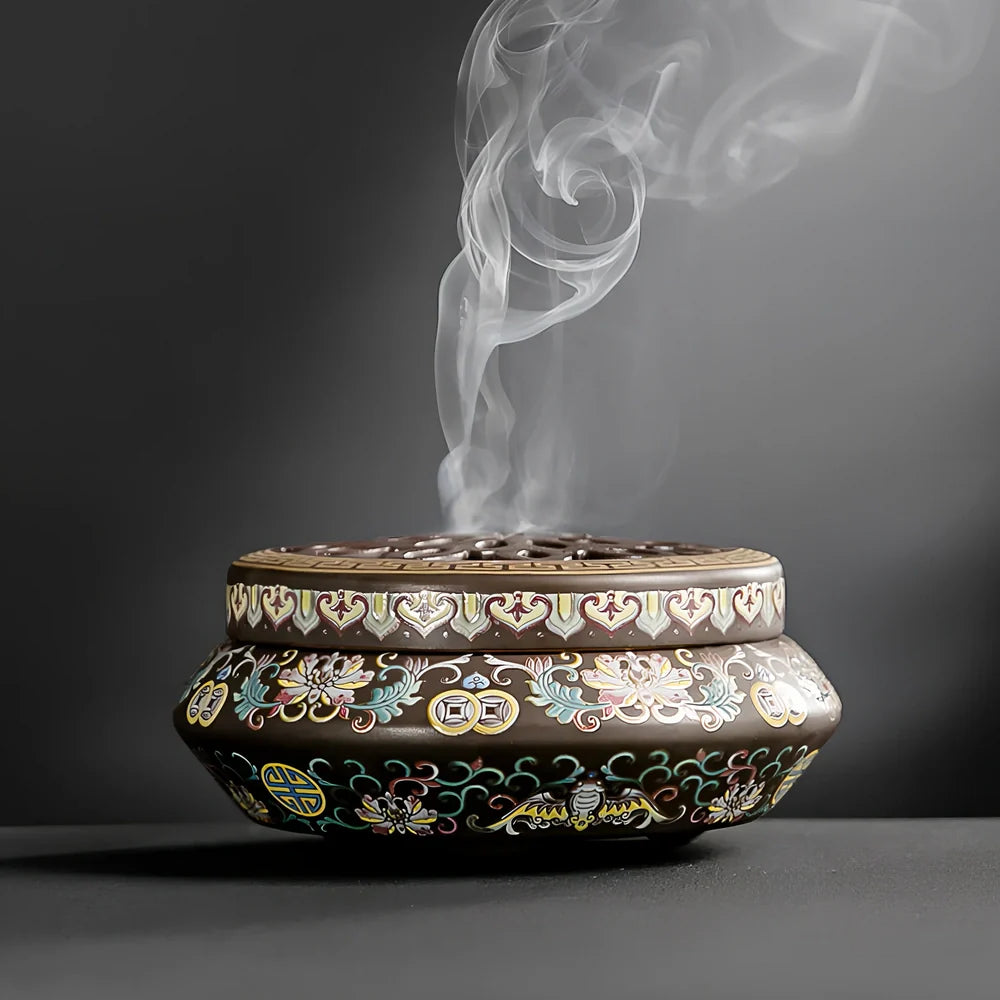 Handmade ceramic cloisonné incense burner with backward smoke channel and enamel decoration