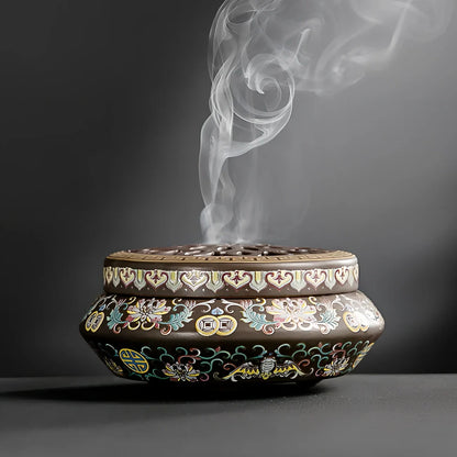 Handmade ceramic cloisonné incense burner with backward smoke channel and enamel decoration