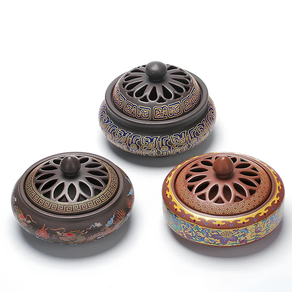 Handmade ceramic cloisonné incense burner with backward smoke channel and enamel decoration