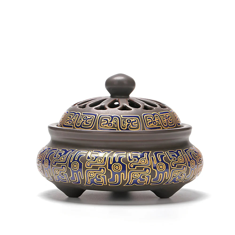 Handmade ceramic cloisonné incense burner with backward smoke channel and enamel decoration