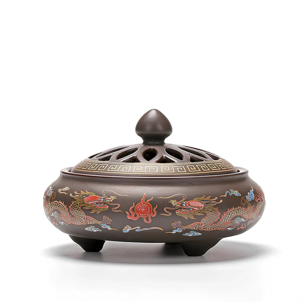 Handmade ceramic cloisonné incense burner with backward smoke channel and enamel decoration