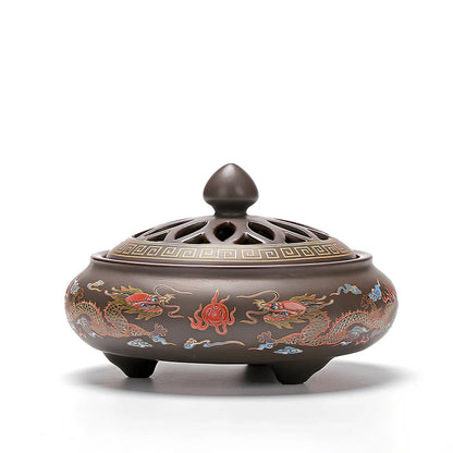 Handmade ceramic cloisonné incense burner with backward smoke channel and enamel decoration