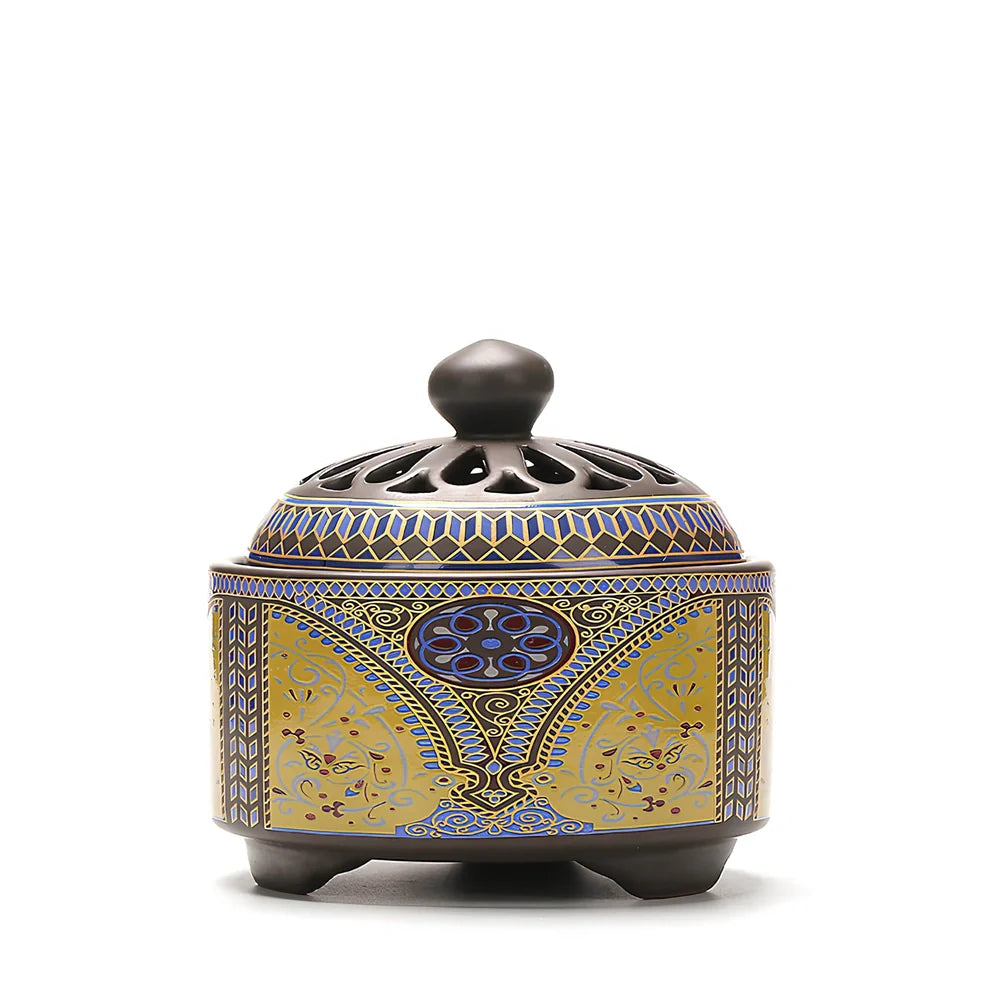 Handmade ceramic cloisonné incense burner with backward smoke channel and enamel decoration