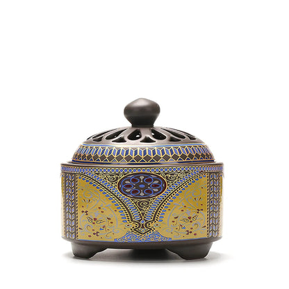 Handmade ceramic cloisonné incense burner with backward smoke channel and enamel decoration
