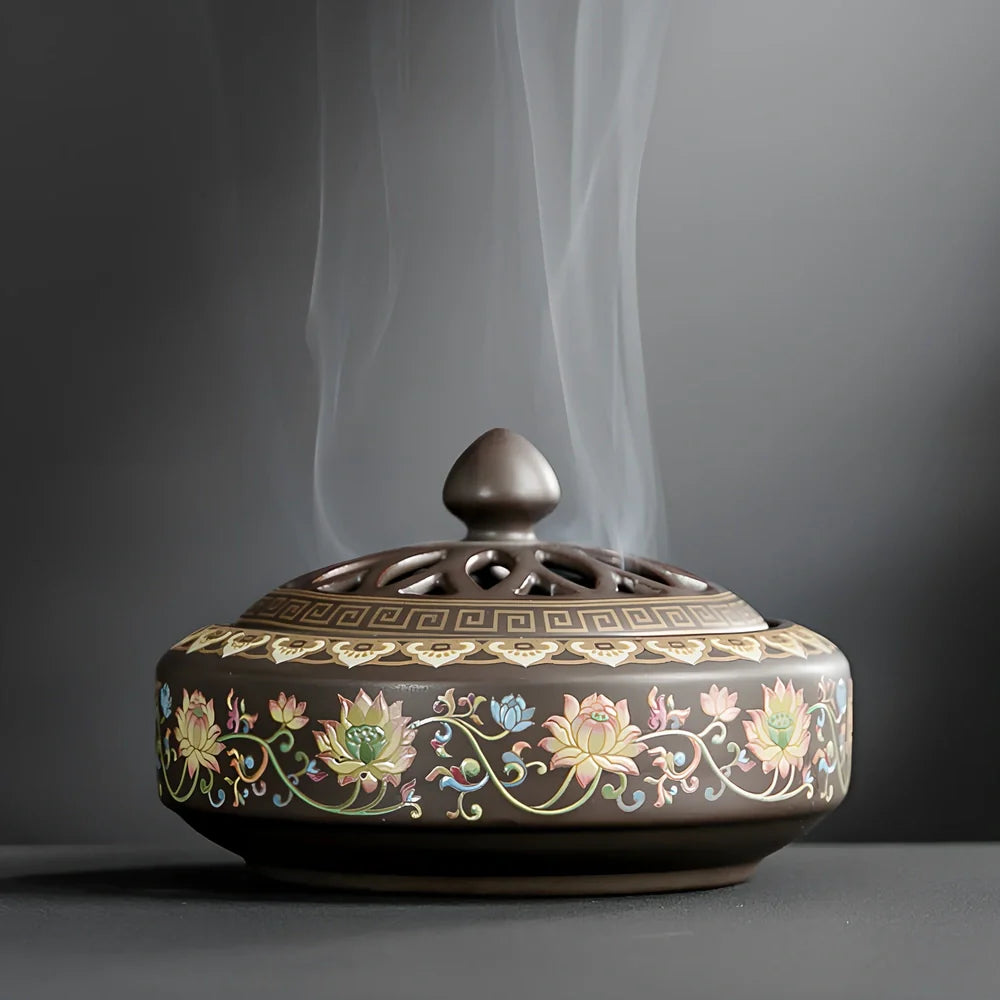 Handmade ceramic cloisonné incense burner with backward smoke channel and enamel decoration