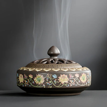 Handmade ceramic cloisonné incense burner with backward smoke channel and enamel decoration