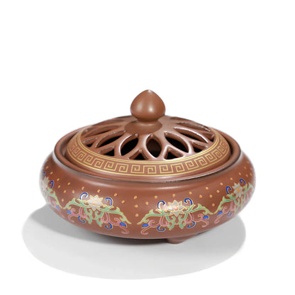 Handmade ceramic cloisonné incense burner with backward smoke channel and enamel decoration