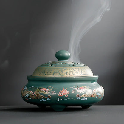 Handmade ceramic cloisonné incense burner with backward smoke channel and enamel decoration