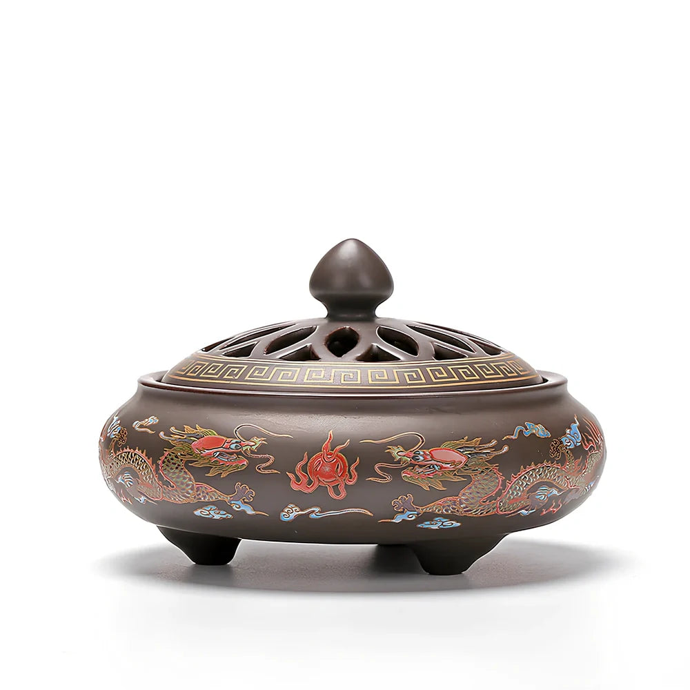 Handmade ceramic cloisonné incense burner with backward smoke channel and enamel decoration