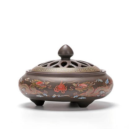 Handmade ceramic cloisonné incense burner with backward smoke channel and enamel decoration