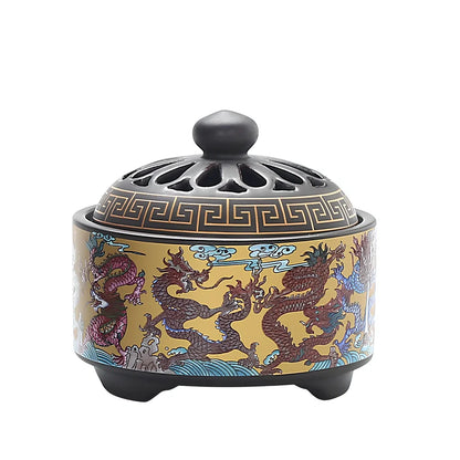 Handmade ceramic cloisonné incense burner with backward smoke channel and enamel decoration