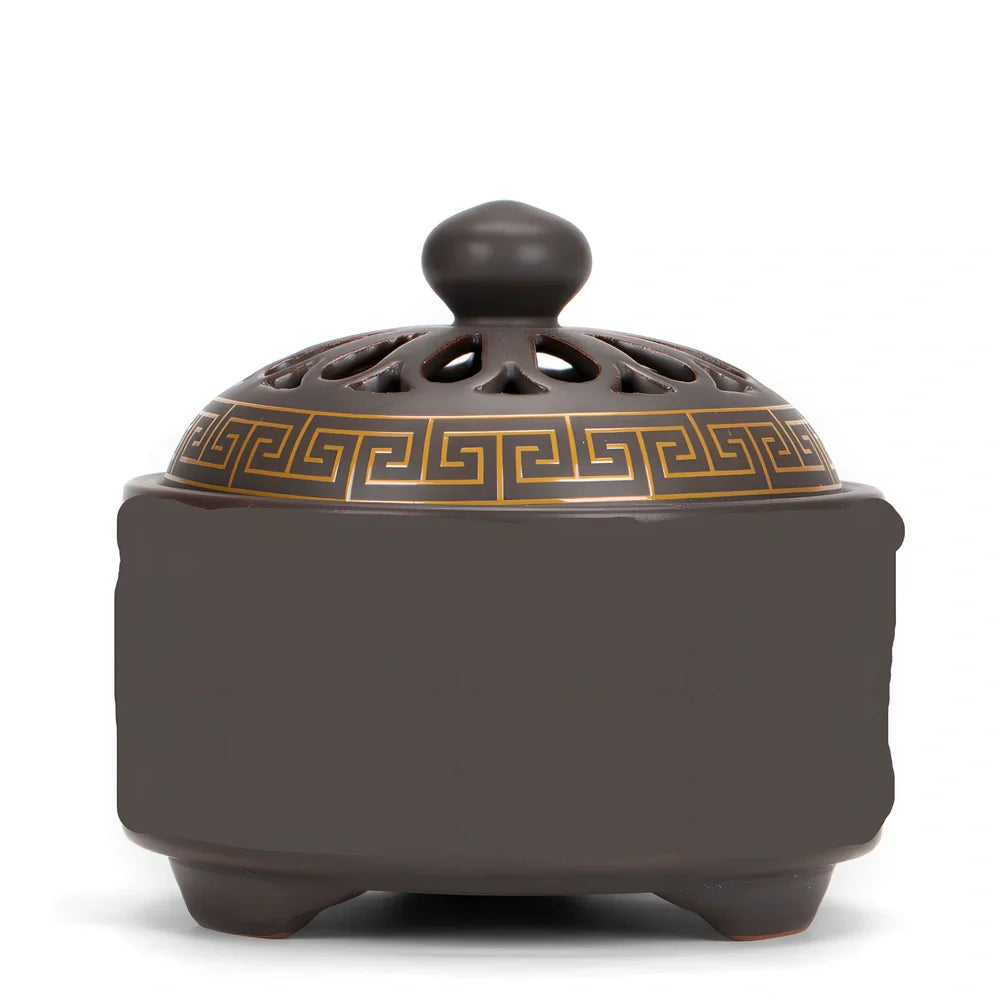 Handmade ceramic cloisonné incense burner with backward smoke channel and enamel decoration