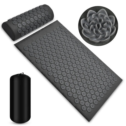 Acupressure massage mat with pillow for neck, back, and foot relaxation and relief
