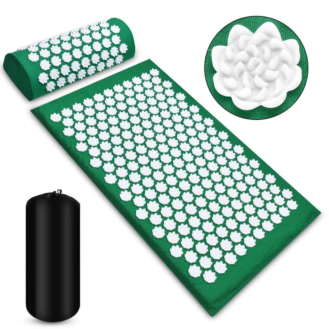 Acupressure massage mat with pillow for neck, back, and foot relaxation and relief
