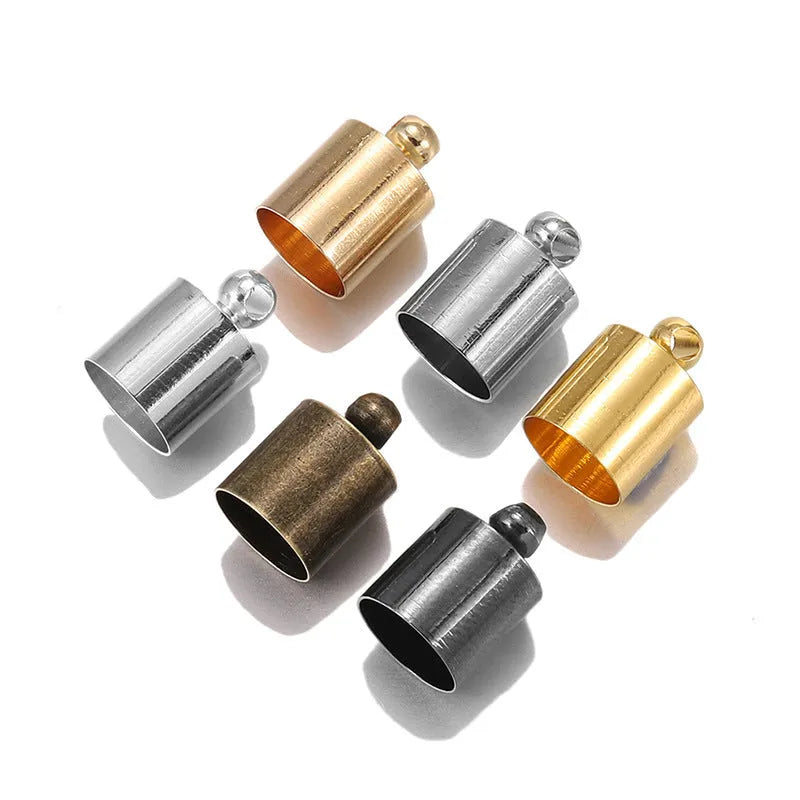 Assorted copper weight caps in gold, silver, and bronze electroplated finishes, shown in different sizes for jewellery making.