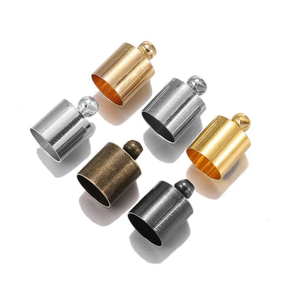 Assorted copper weight caps in gold, silver, and bronze electroplated finishes, shown in different sizes for jewellery making.