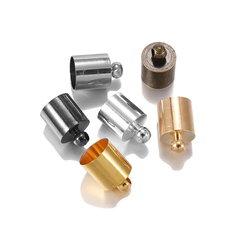 Assorted copper weight caps in gold, silver, and bronze electroplated finishes, shown in different sizes for jewellery making.