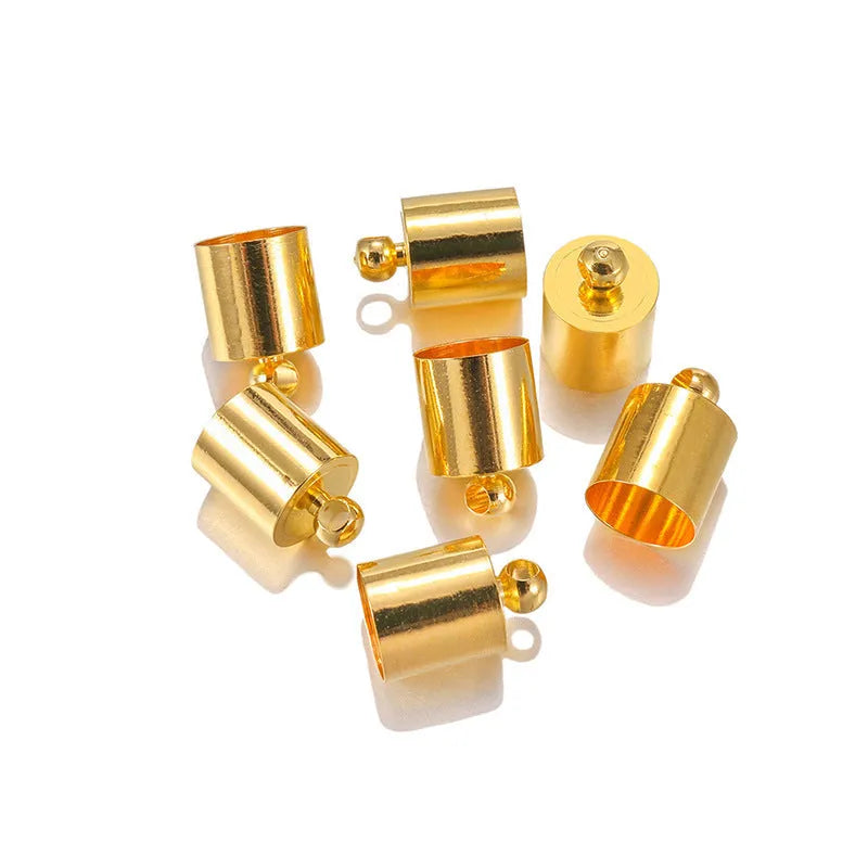 Assorted copper weight caps in gold, silver, and bronze electroplated finishes, shown in different sizes for jewellery making.