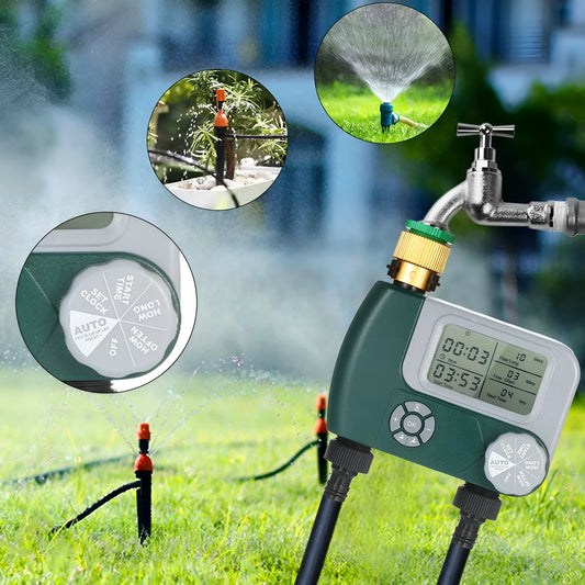 Green digital garden hose timer with LCD screen and dual hose outlets.