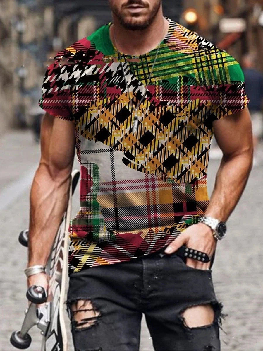Men's retro geometric print short sleeve shirt in polyester, available in five colors