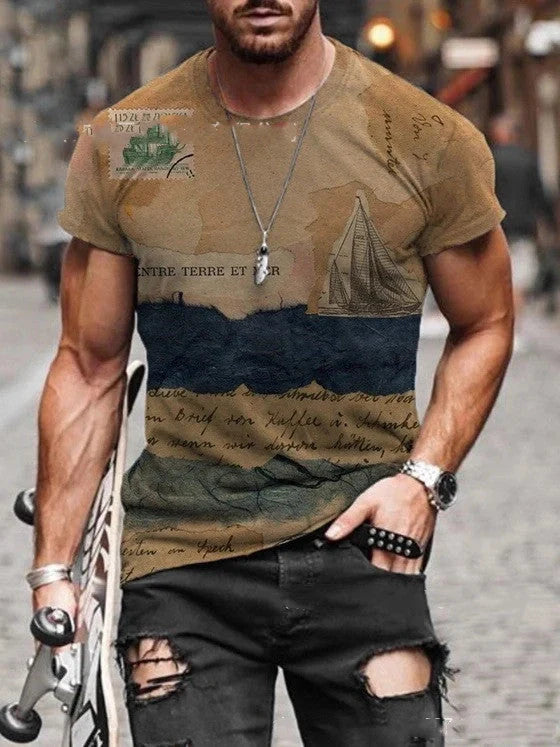 Men's retro geometric print short sleeve shirt in polyester, available in five colors