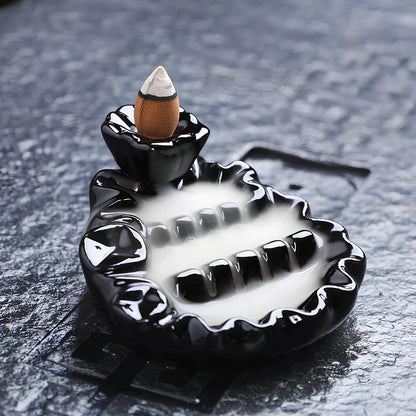 Handmade black glaze ceramic backflow incense burner tower, 10cm high with smoke waterfall effect