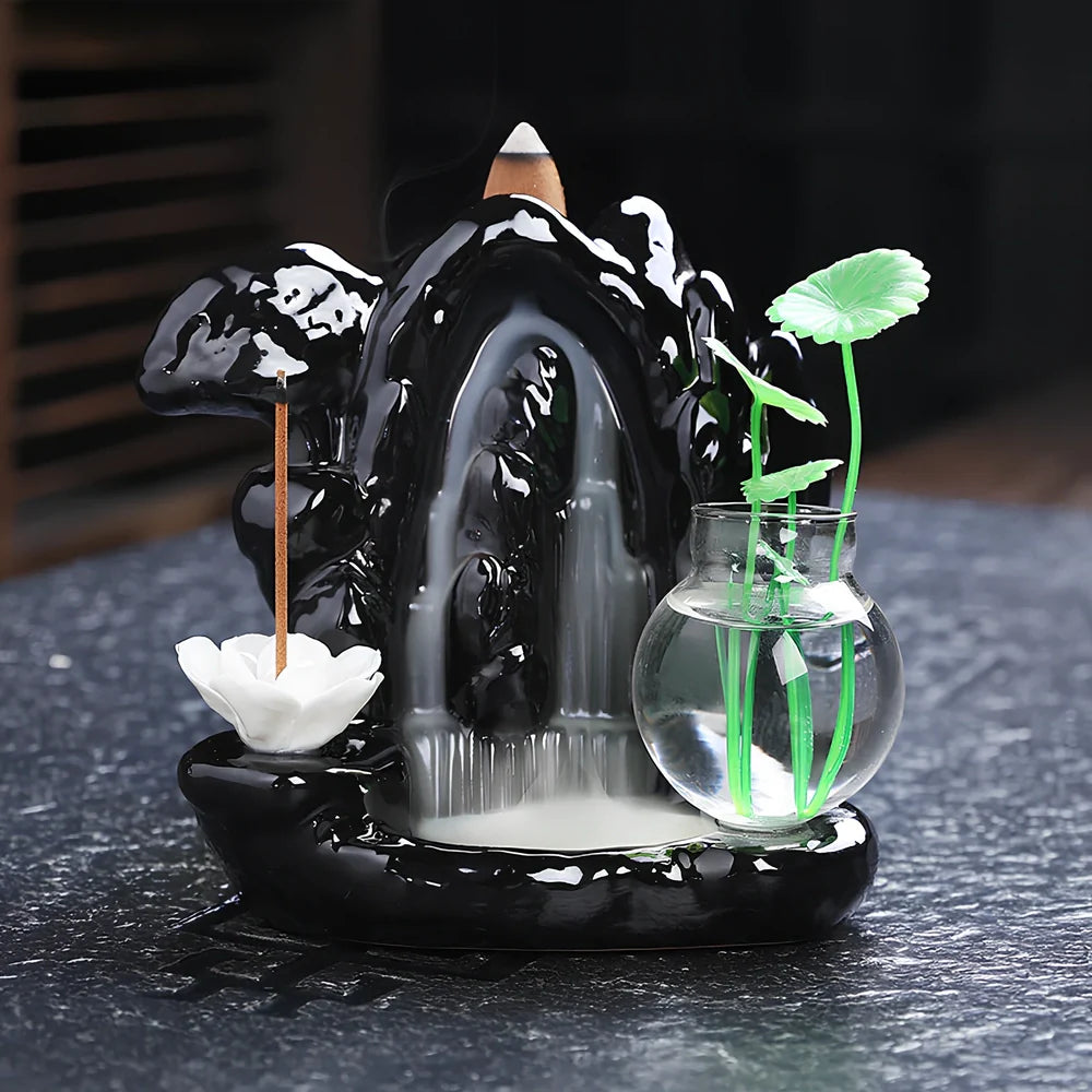 Handmade black glaze ceramic backflow incense burner tower, 10cm high with smoke waterfall effect