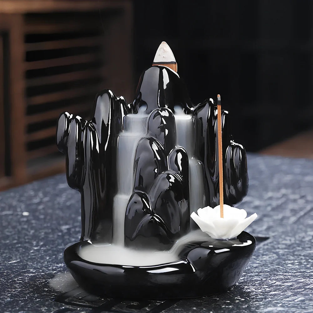 Handmade black glaze ceramic backflow incense burner tower, 10cm high with smoke waterfall effect