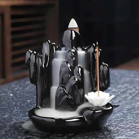 Handmade black glaze ceramic backflow incense burner tower, 10cm high with smoke waterfall effect