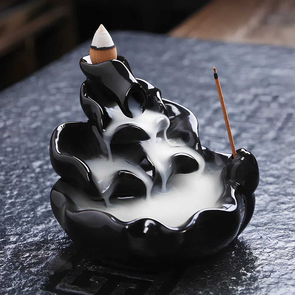 Handmade black glaze ceramic backflow incense burner tower, 10cm high with smoke waterfall effect