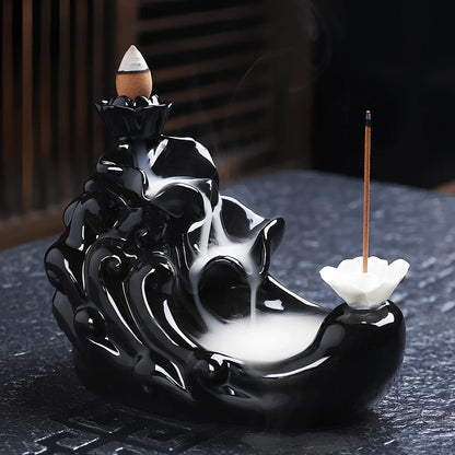 Handmade black glaze ceramic backflow incense burner tower, 10cm high with smoke waterfall effect