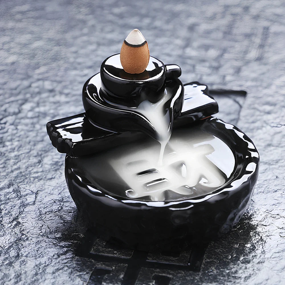 Handmade black glaze ceramic backflow incense burner tower, 10cm high with smoke waterfall effect