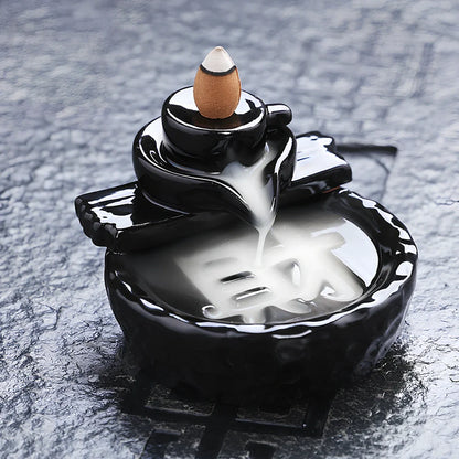 Handmade black glaze ceramic backflow incense burner tower, 10cm high with smoke waterfall effect