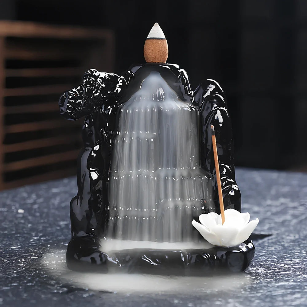 Handmade black glaze ceramic backflow incense burner tower, 10cm high with smoke waterfall effect