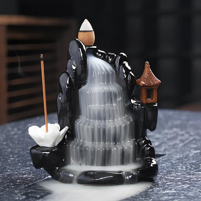 Handmade black glaze ceramic backflow incense burner tower, 10cm high with smoke waterfall effect